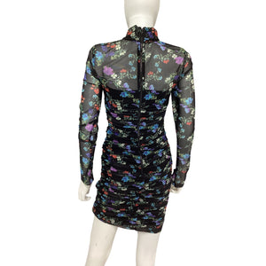 Alice + Olivia Ruched Beautiful Blooms Black Delora Turtleneck Mini Dress Size 6