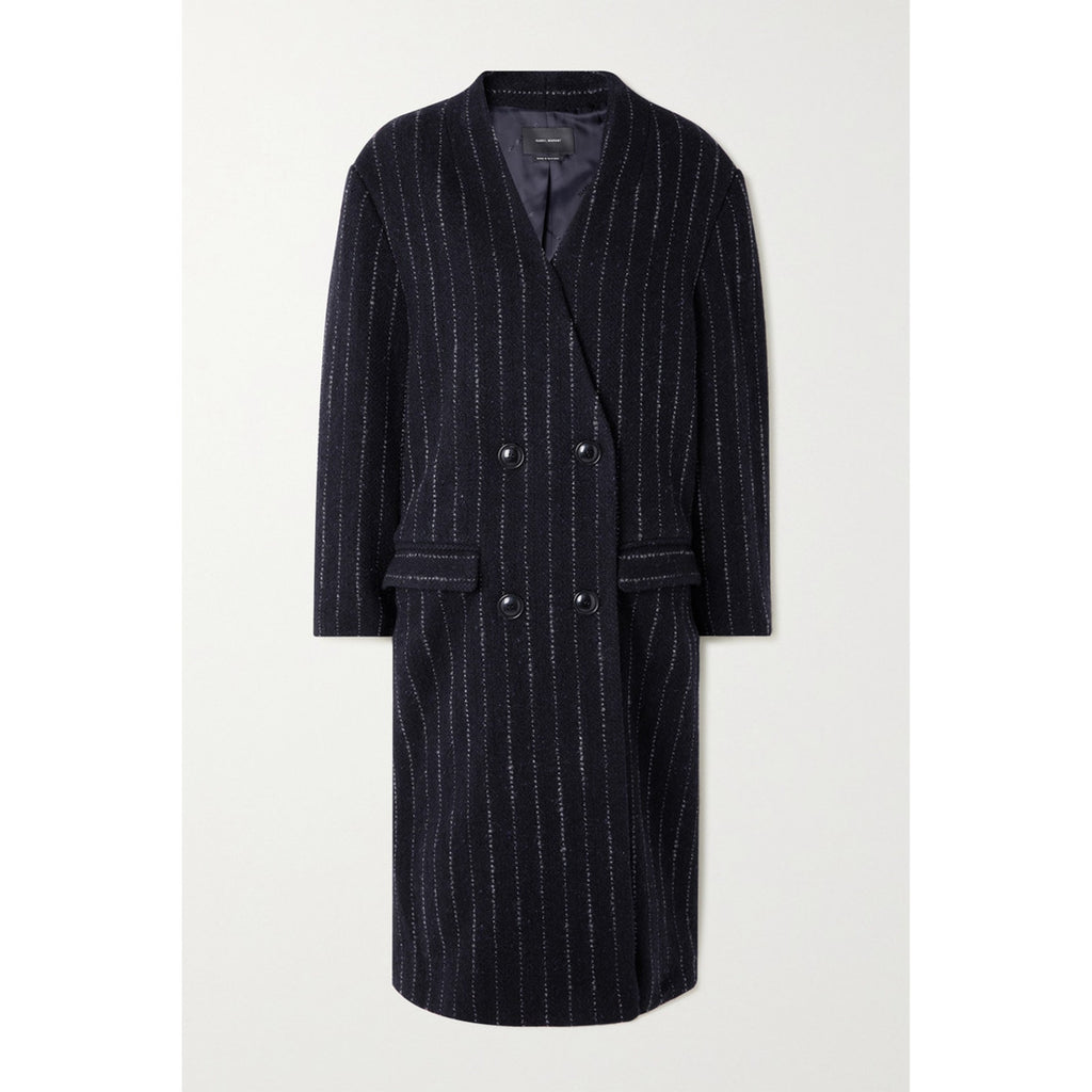 Isabel Marant 'Licia' Blue Oversized Double-Breasted Pinstriped Wool Coat Size 36