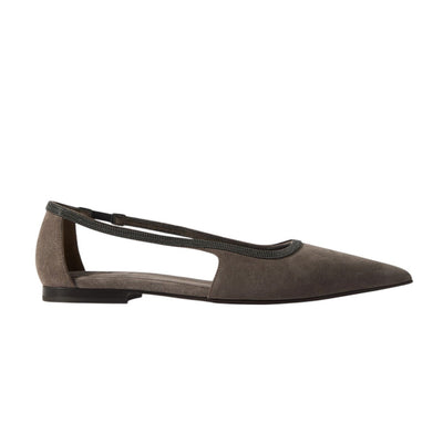 Brunello Cucinelli Bead-Embellished Dark Gray Point-Toe Flats Size IT 39 / US 9