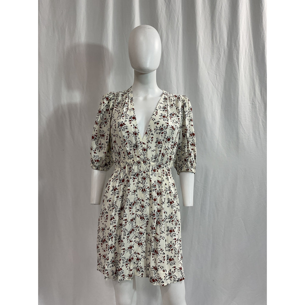 Ganni 'Printed' White Crepe Elbow Sleeve Mini Dress Size 36