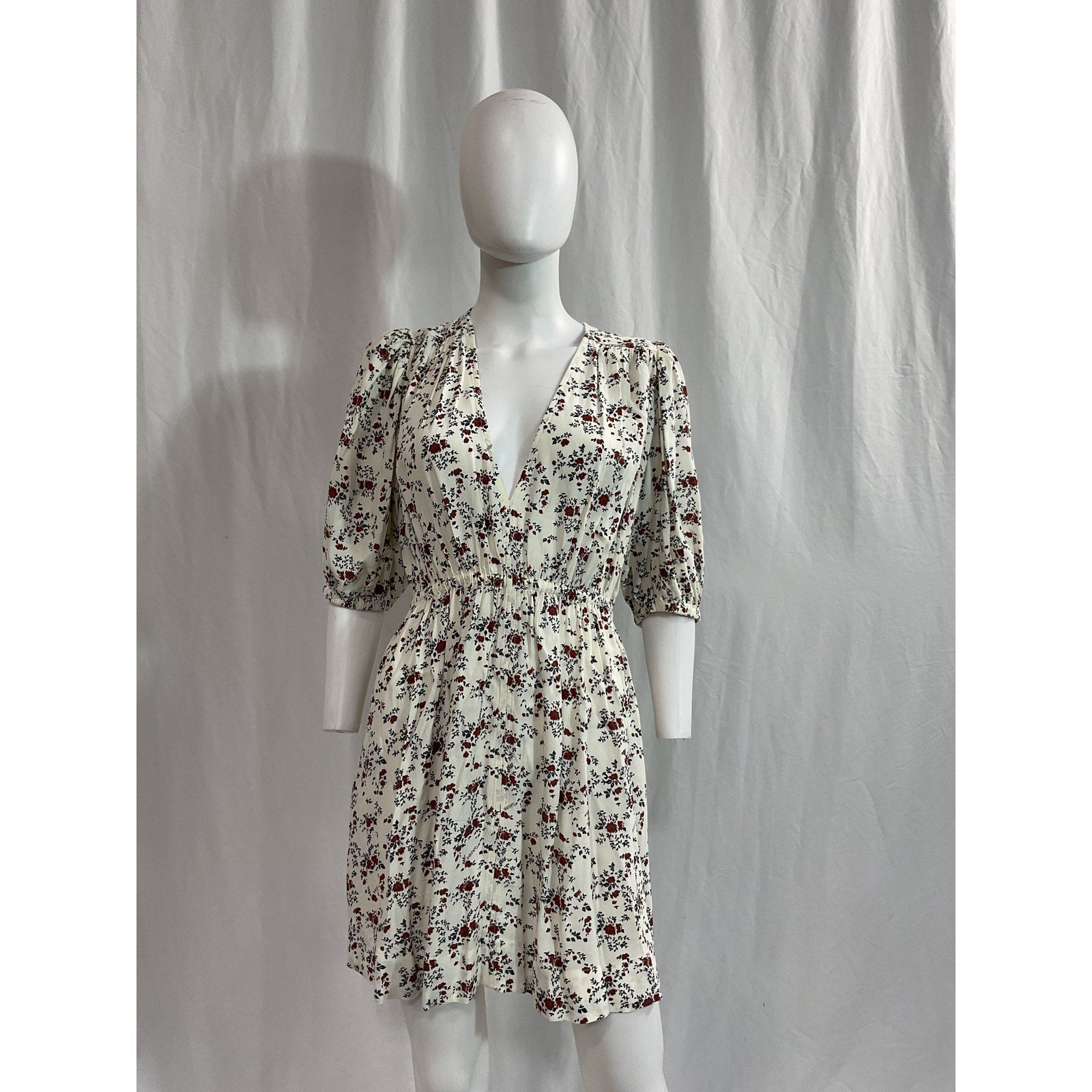 Ganni 'Printed' White Crepe Elbow Sleeve Mini Dress Size 36