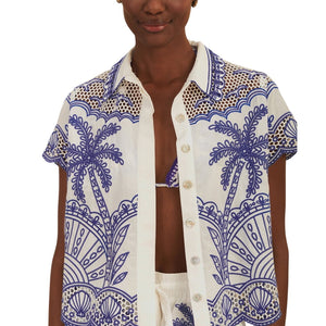 Farm Rio Embroidered Blue Palm Trees Richelieu Collared Shirt Size M