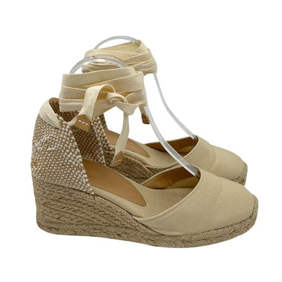 Castañer Classic Beige Carina Ankle Tie Espadrille Wedge Sandals Size 37 EU / US 7 NWT