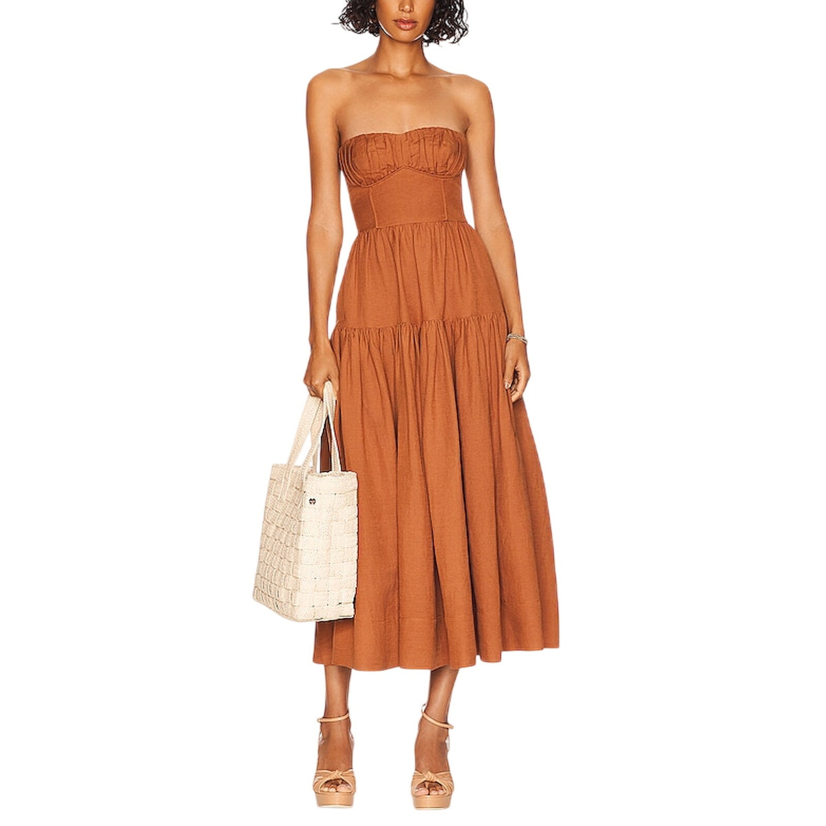 Shona Joy Strapless Ruched Midi Almond Jules Dress Size AUS 8 / US 4 NWT