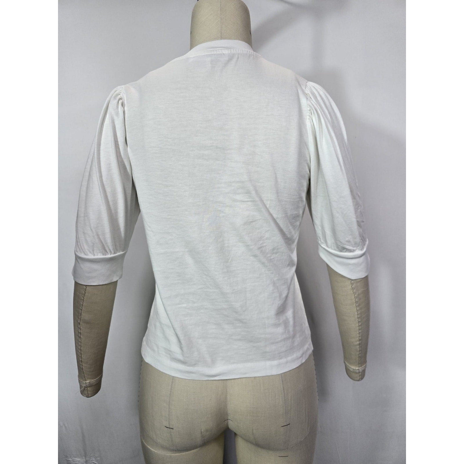 Frankie Puff Sleeve Organic White Cotton Knit Crewneck Elbow Sleeve Top Size S Petite
