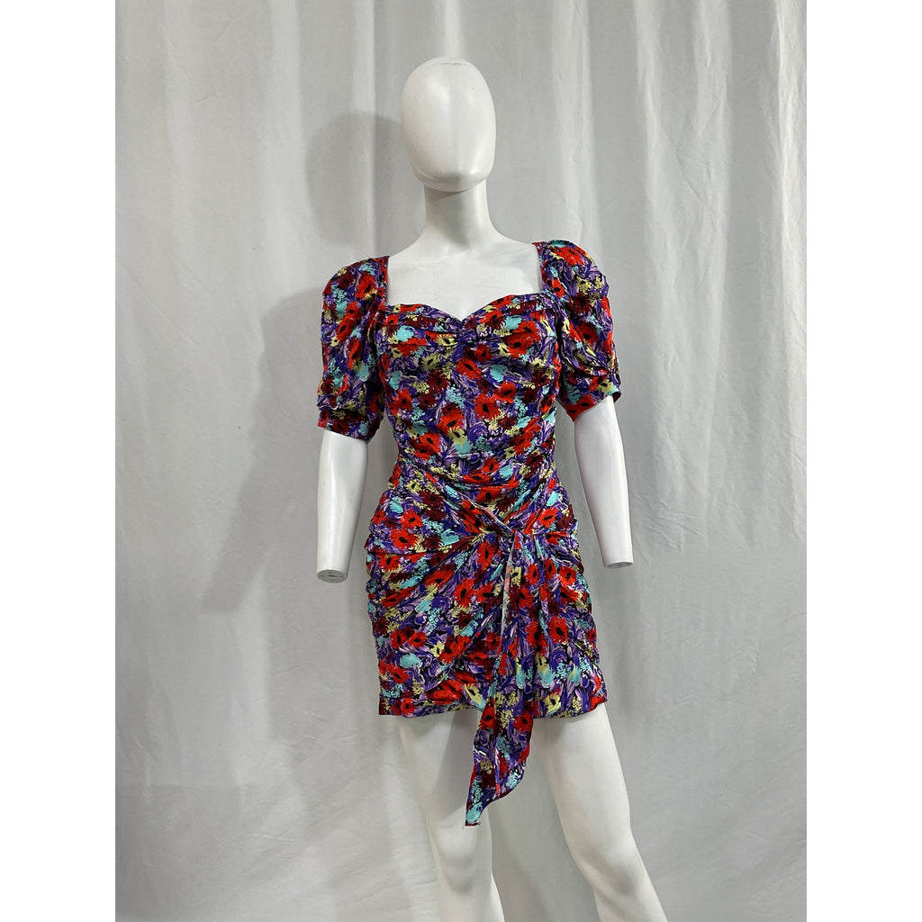 For Love & Lemons 'Chiara' Purple Satin Puff Sleeve Floral Mini Dress Size XS