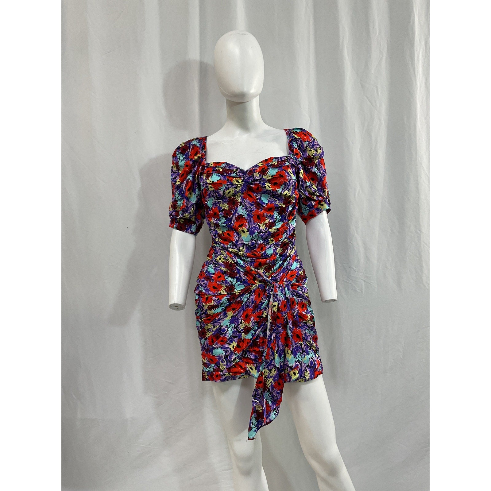 For Love & Lemons 'Chiara' Purple Satin Puff Sleeve Floral Mini Dress Size XS