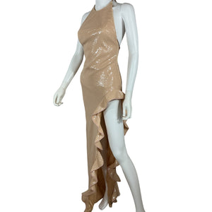 David Koma Ruffled Tan Open-Leg Sequin Gown Size UK 6 / US 2 NWT