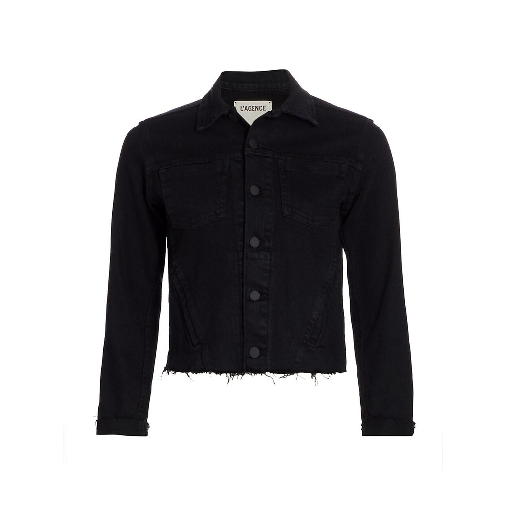 L'Agence 'Janelle' Black Cotton Slim-Fit Raw-Hem Denim Jacket Size L