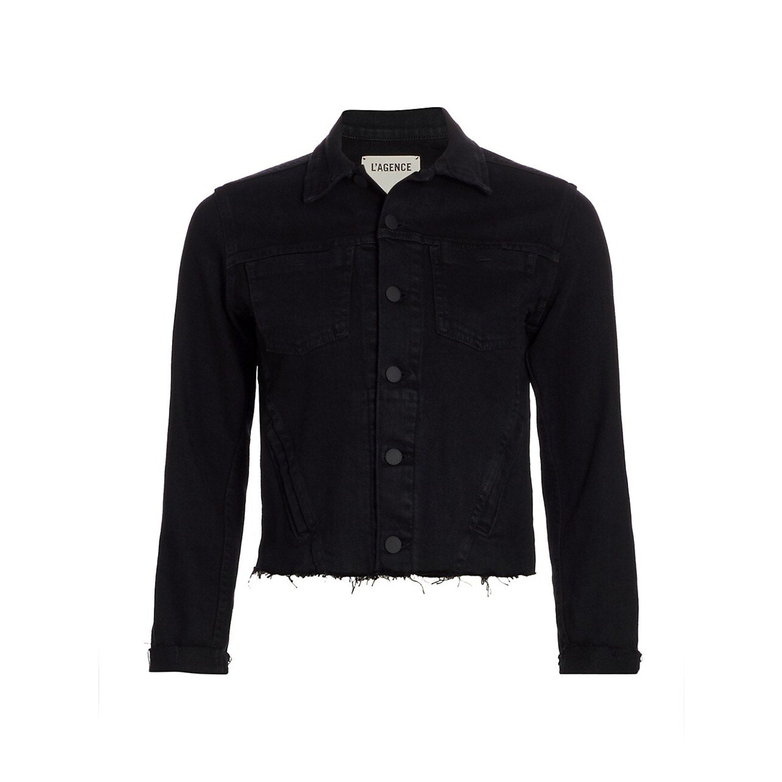 L'Agence 'Janelle' Black Cotton Slim-Fit Raw-Hem Denim Jacket Size L