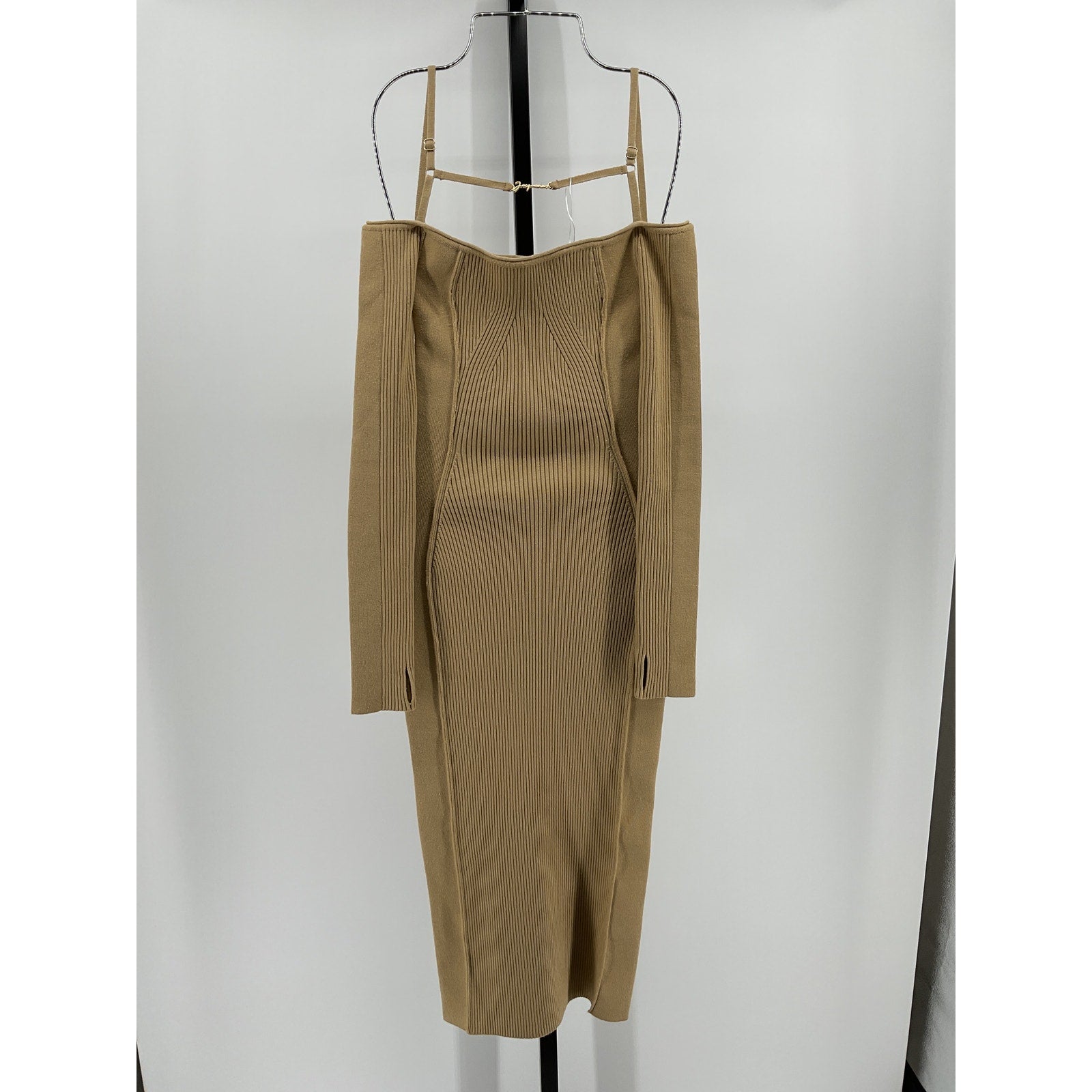 Jacquemus 'Sierra' Tan Viscose Embellished Ribbed-Knit Midi Dress Size 0