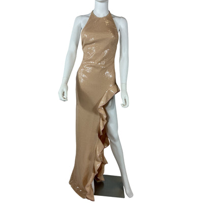 David Koma Ruffled Tan Open-Leg Sequin Gown Size UK 6 / US 2 NWT