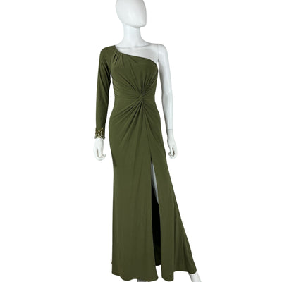 Mac Duggal Elegant Olive One-Shoulder Ruched Gown Size 0