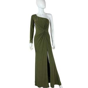 Mac Duggal Elegant Olive One-Shoulder Ruched Gown Size 0