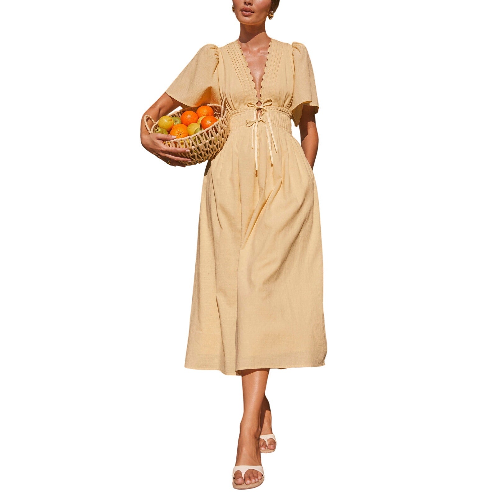 Astr The Label 'Hadleigh' Yellow Cotton Scallop Trim Midi Dress Size S NWT