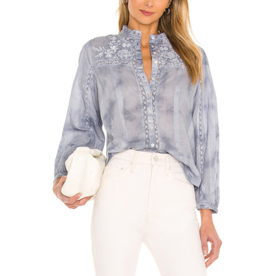 Loveshackfancy Embroidered Washed Denim Ronda Blouse Size XS NWT