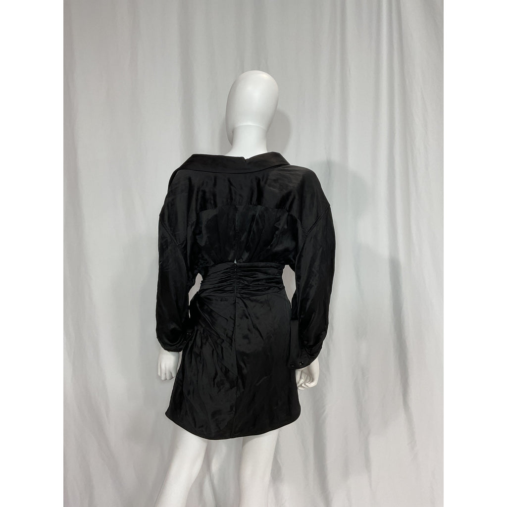 Alexander Wang 'Ruched' Black Crinkled-Satin Mini Shirt Dress Size 4