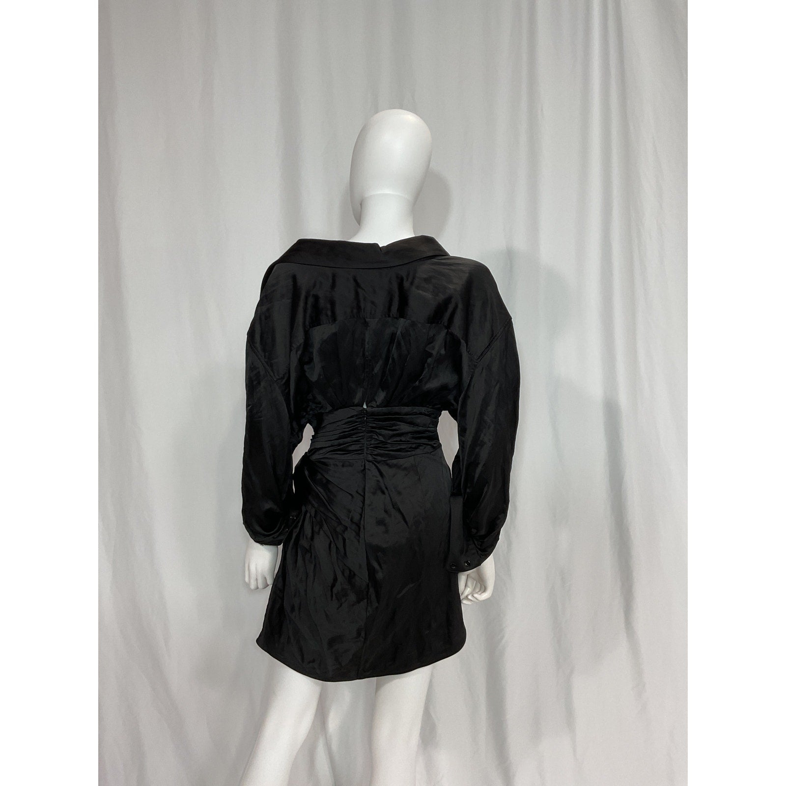 Alexander Wang 'Ruched' Black Crinkled-Satin Mini Shirt Dress Size 4