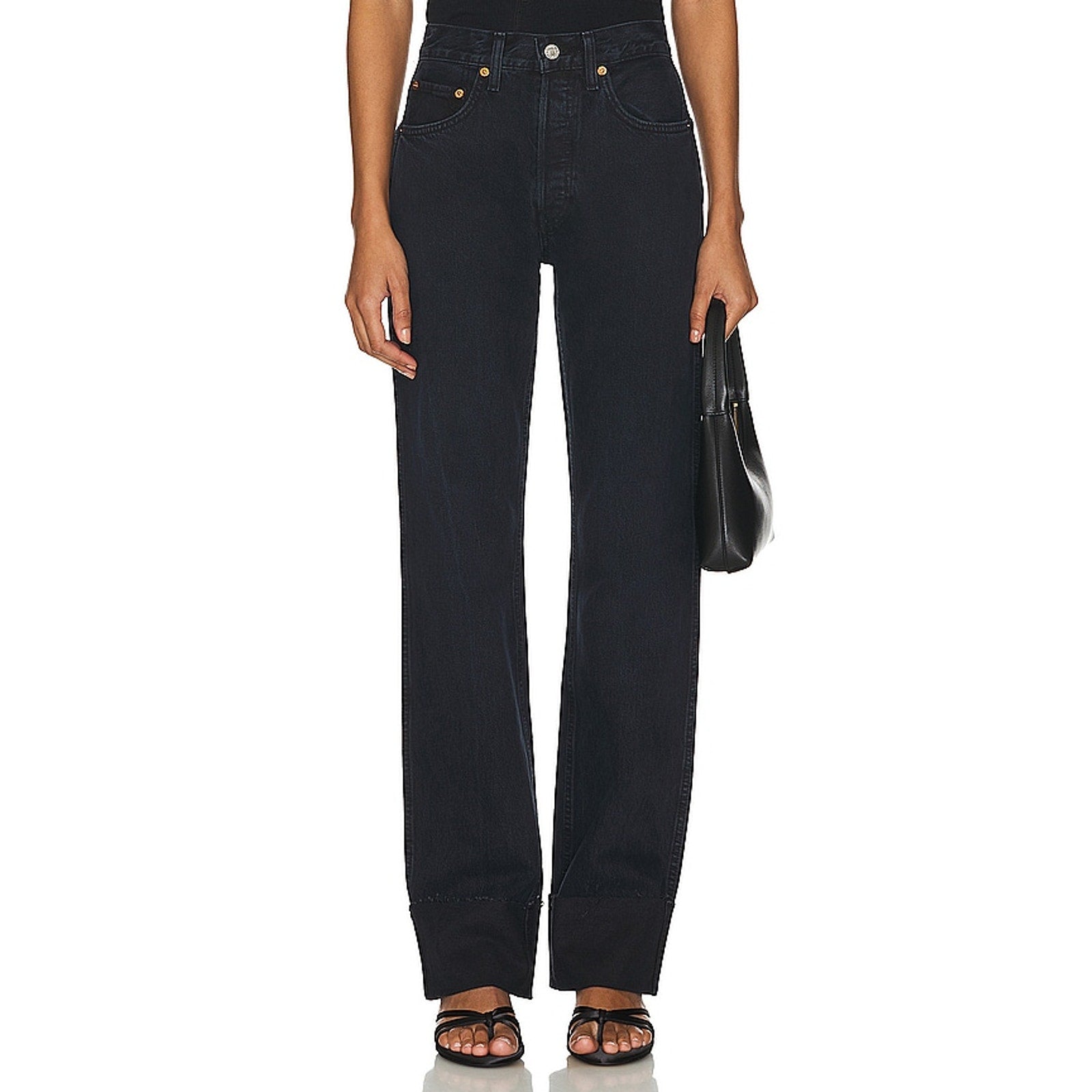 Re/Done High Rise Black Cotton Loose Long Denim Jean Size 27