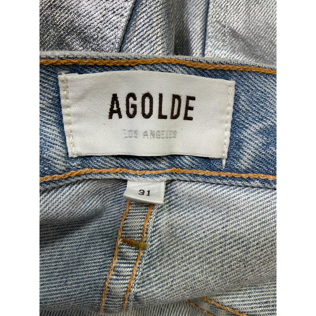 Agolde 90S Silver Cotton Pinch-Waist High-Rise Metallic Straight-Leg Denim Jeans Size 31