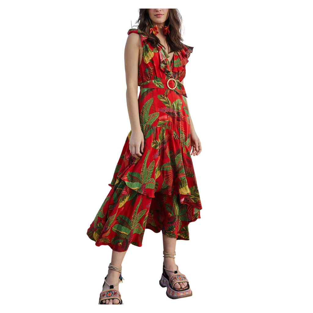 Farm Rio Forest Birds Red Belted Midi Dress Size XS