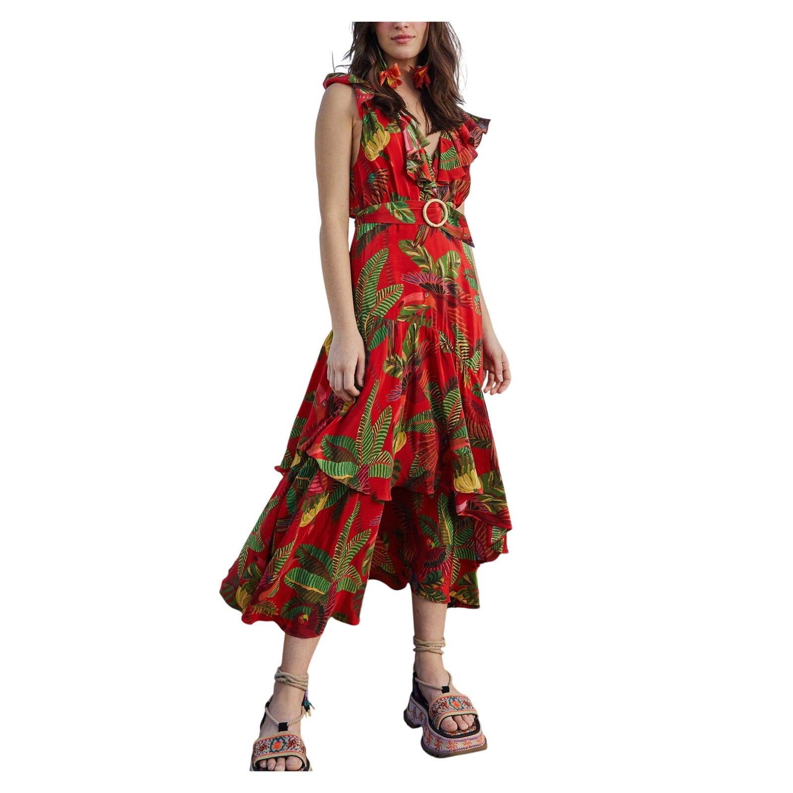 Farm Rio Forest Birds Red Belted Midi Dress Size XS