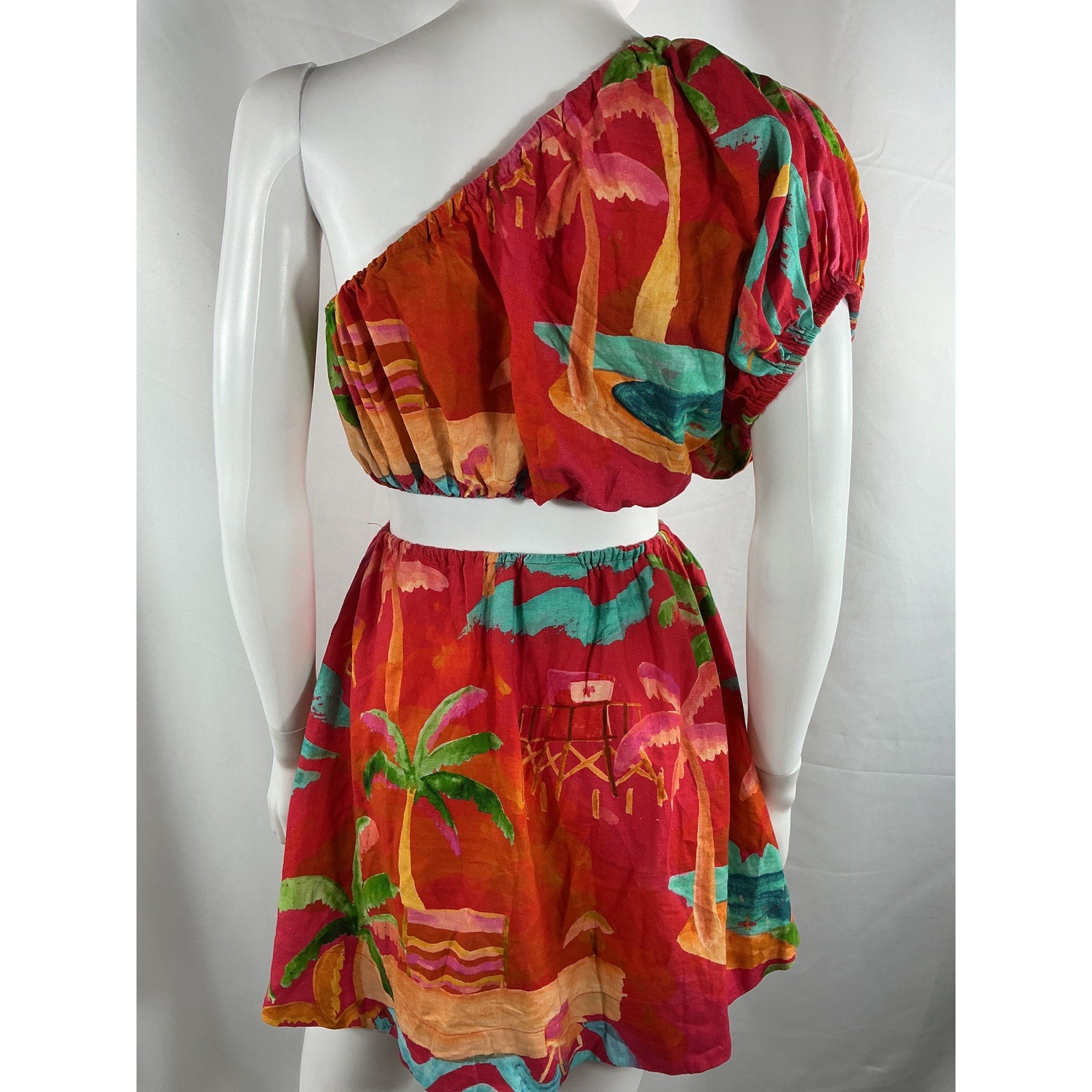 Farm Rio 'Ipanema' Red Cotton One-Shoulder Mini Dress Size XS