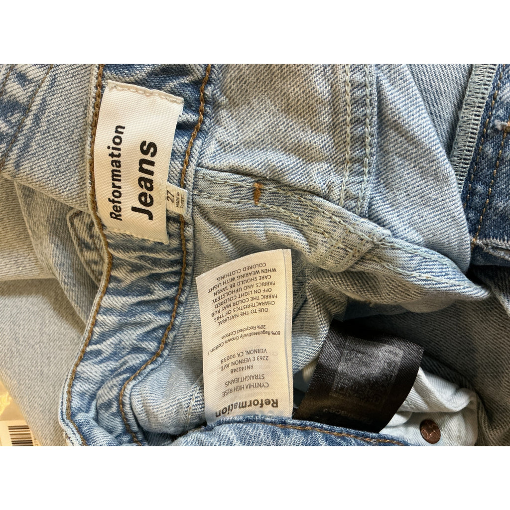 Reformation 'Cynthia' Blue Cotton High Rise Straight Jeans Size 27