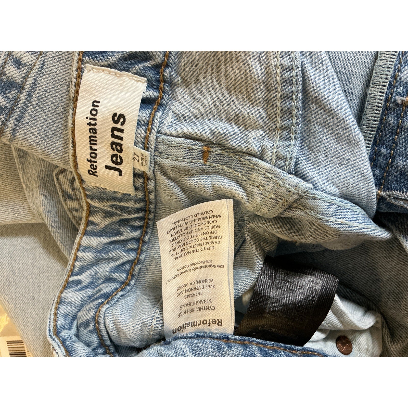 Reformation 'Cynthia' Blue Cotton High Rise Straight Jeans Size 27