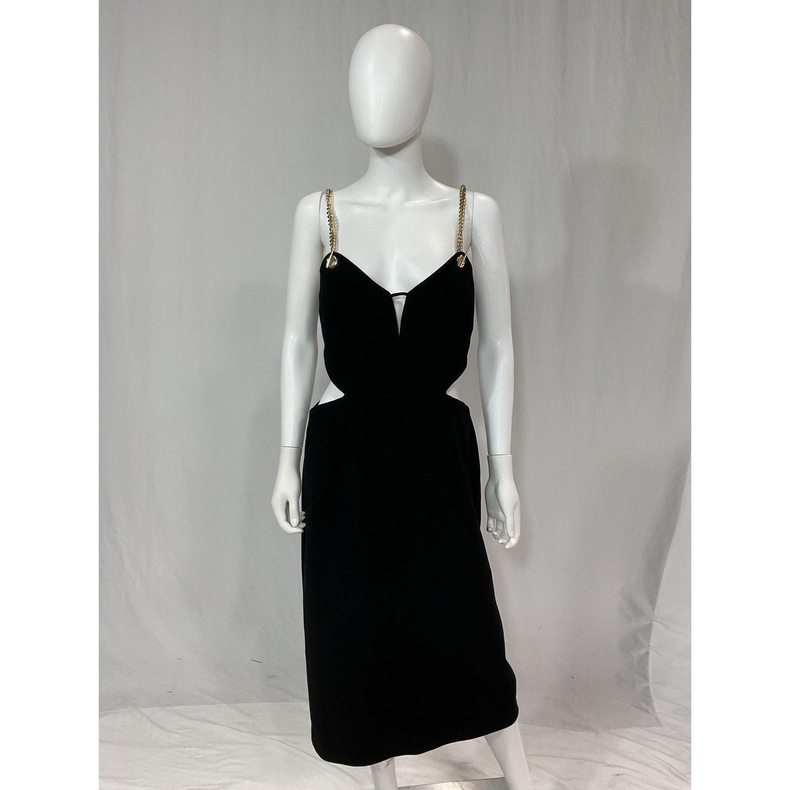 Rebecca Vallance 'Dulce Amore' Black Pencil Gold Chain Strap Midi Dress Size 10