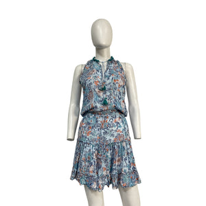 Poupette St Barth 'Clara' Blue Viscose Floral Tasseled Mini Dress Size S