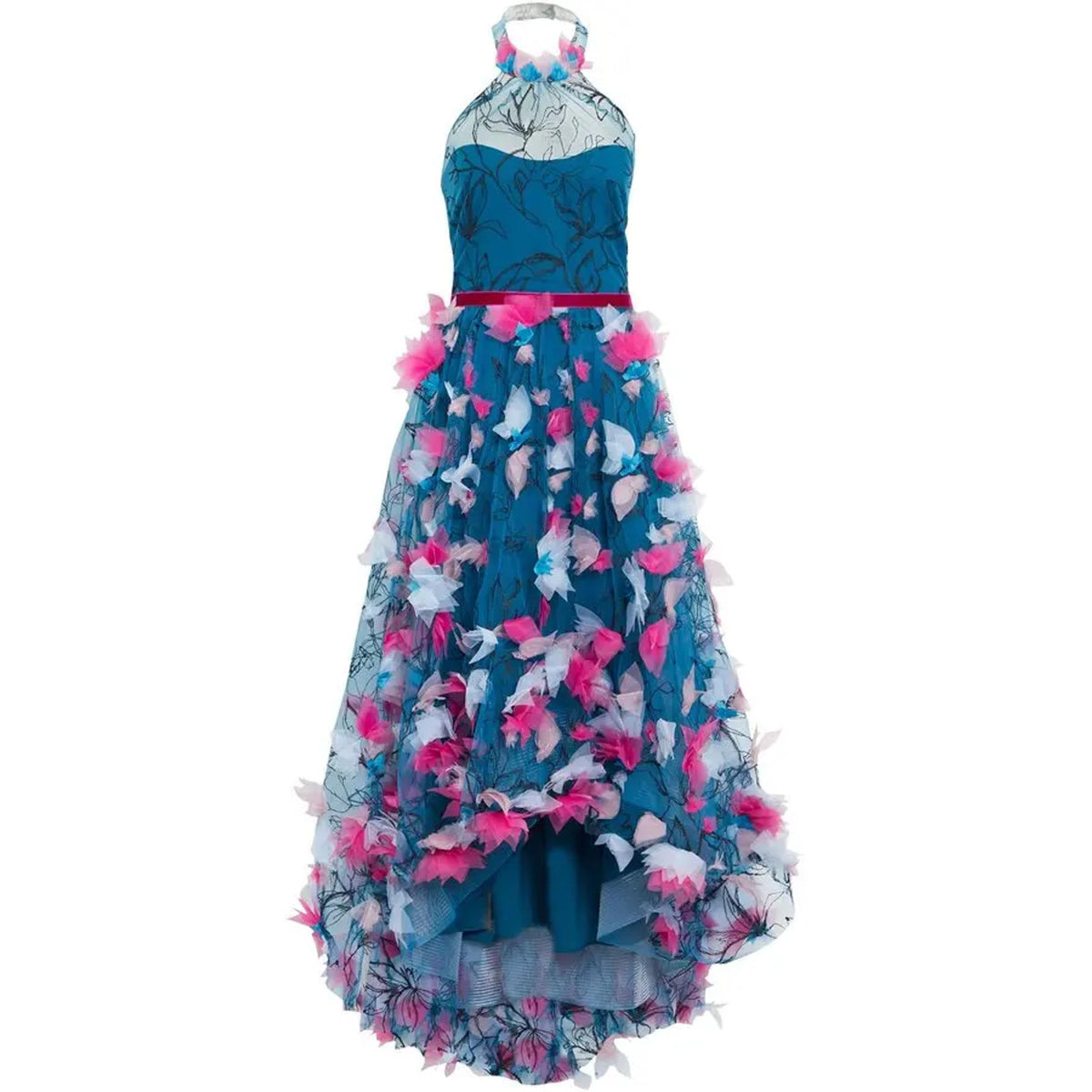 Marchesa Notte Embellished Teal Floral Applique Halter Dress Size 4