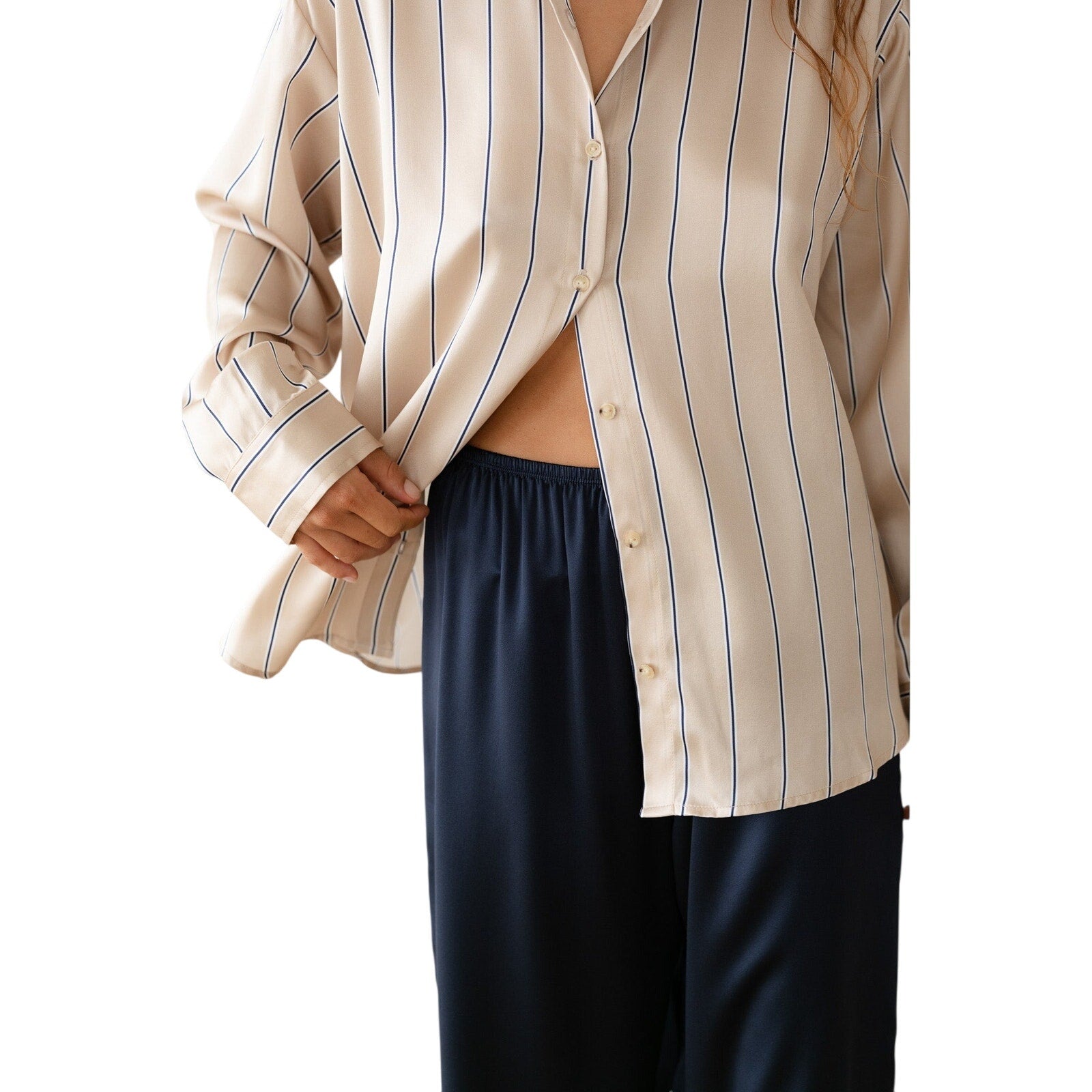 Donni. The Silk Beige Silk Pinstripe Shirt Size S