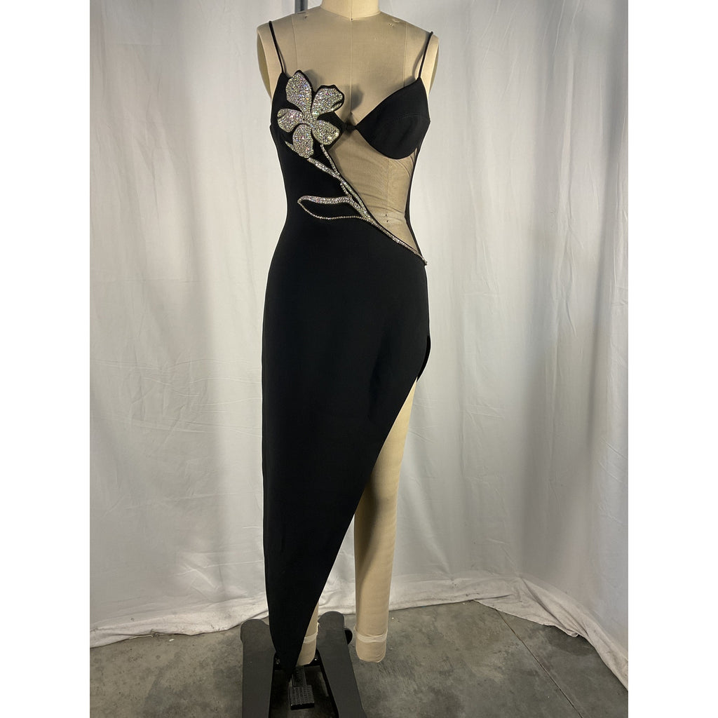 David Koma Flower Black Acetate Net Midi Dress Size 8 - NWT