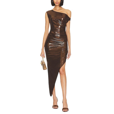 Norma Kamali Asymmetric Chocolate Drop Shoulder Side Drape Gown Size XS