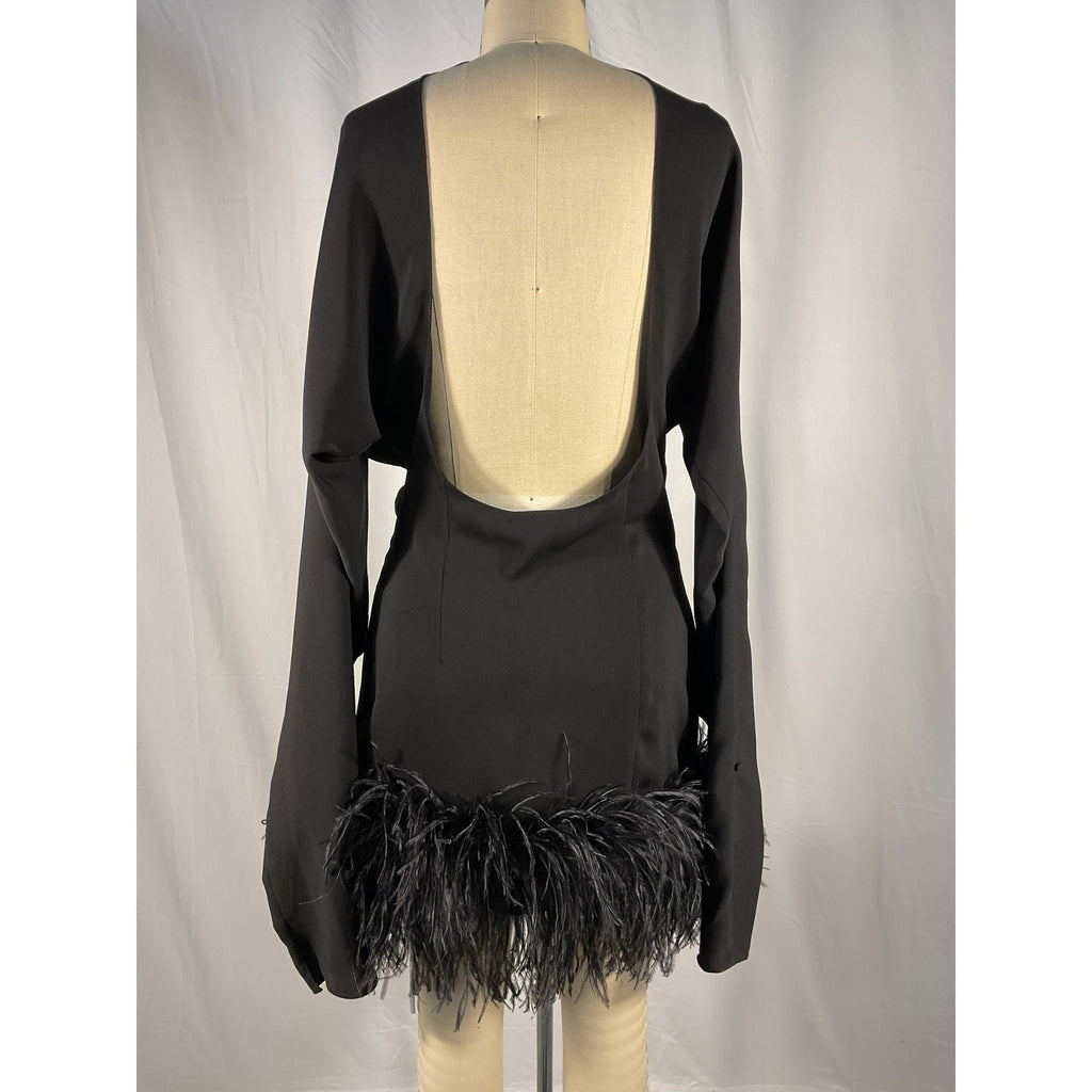 16Arlington 'Flora' Black Open Back Feather-Trimmed Crepe Mini Dress Size 6