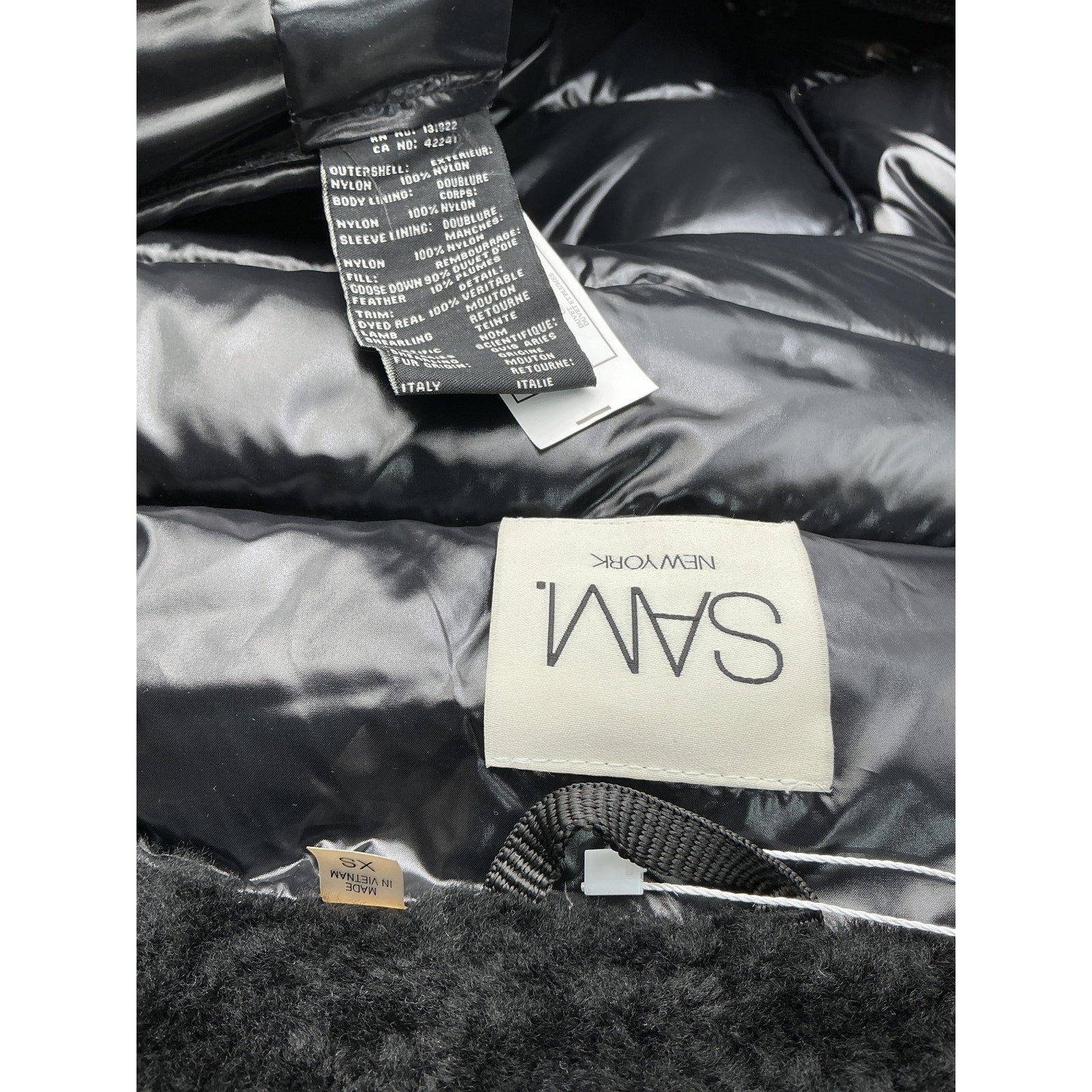 Sam. 'Savannah' Black Nylon Shearling Collar Hooded Puffer Coat Size XS