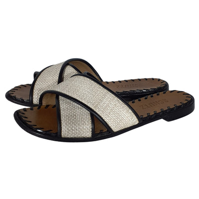 Schutz Woven Palha And Black Alita Slide Sandals Size 6B