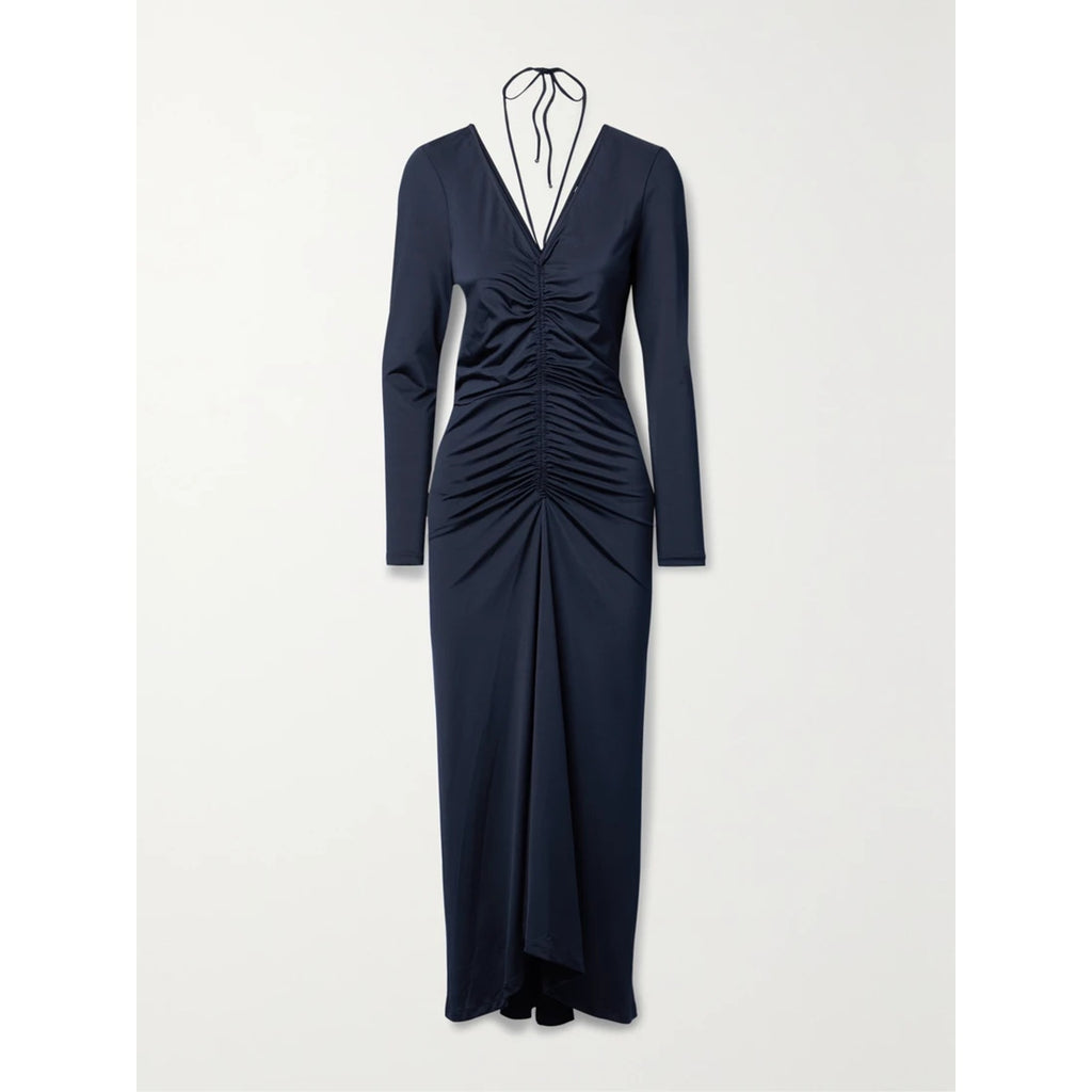 Veronica Beard 'Gilbert' Blue Ruched Stretch-Jersey Halterneck Midi Dress Size US 12