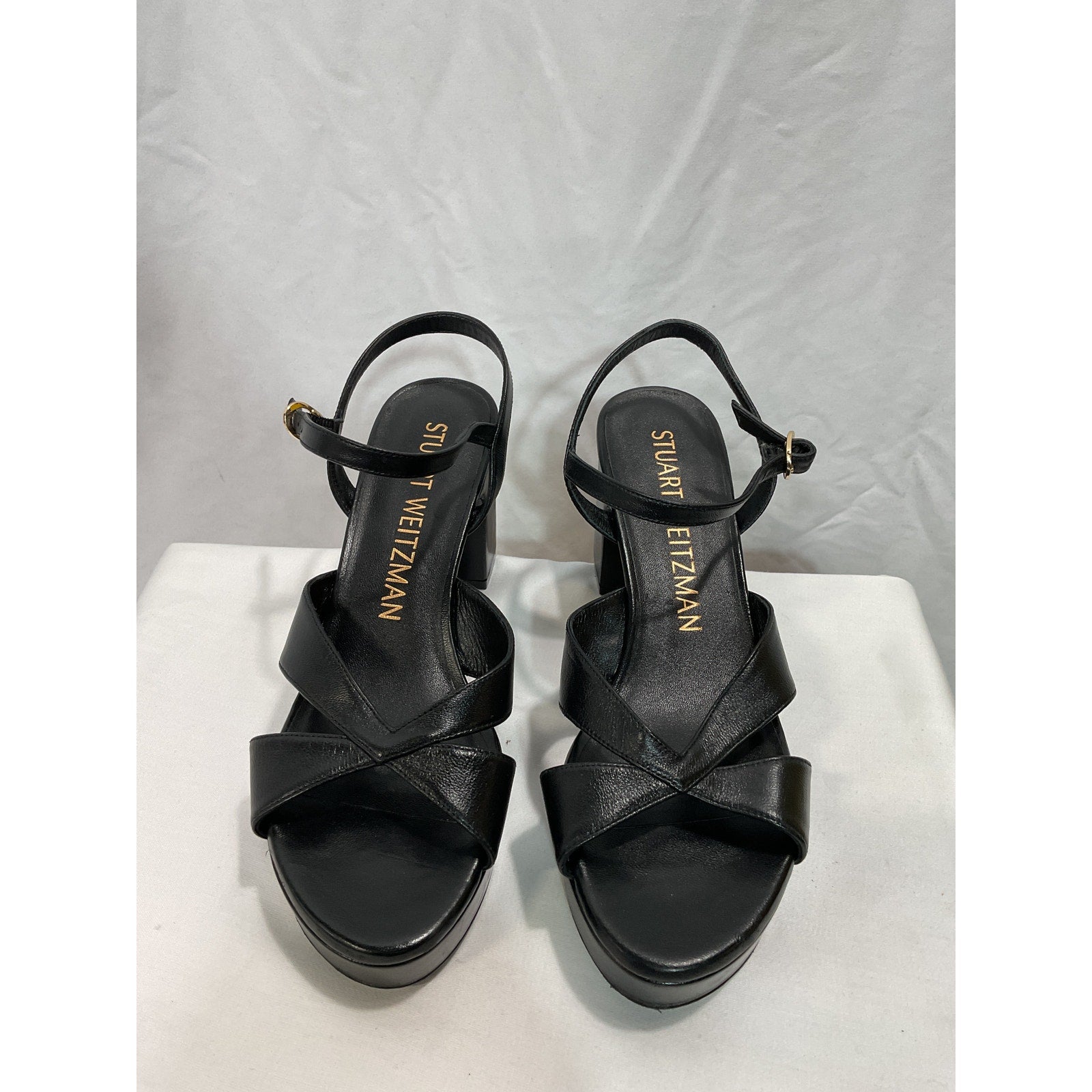 Stuart Weitzman 'Carmen' Black Midi Platform Open Toe Leather Sandal Size 7.5