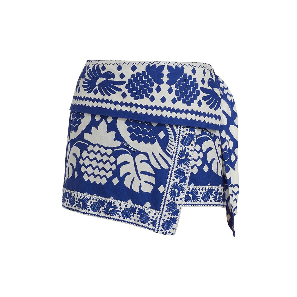 Farm Rio 'Jungle' Blue Viscose Scarf Wrap Mini Skirt Size M