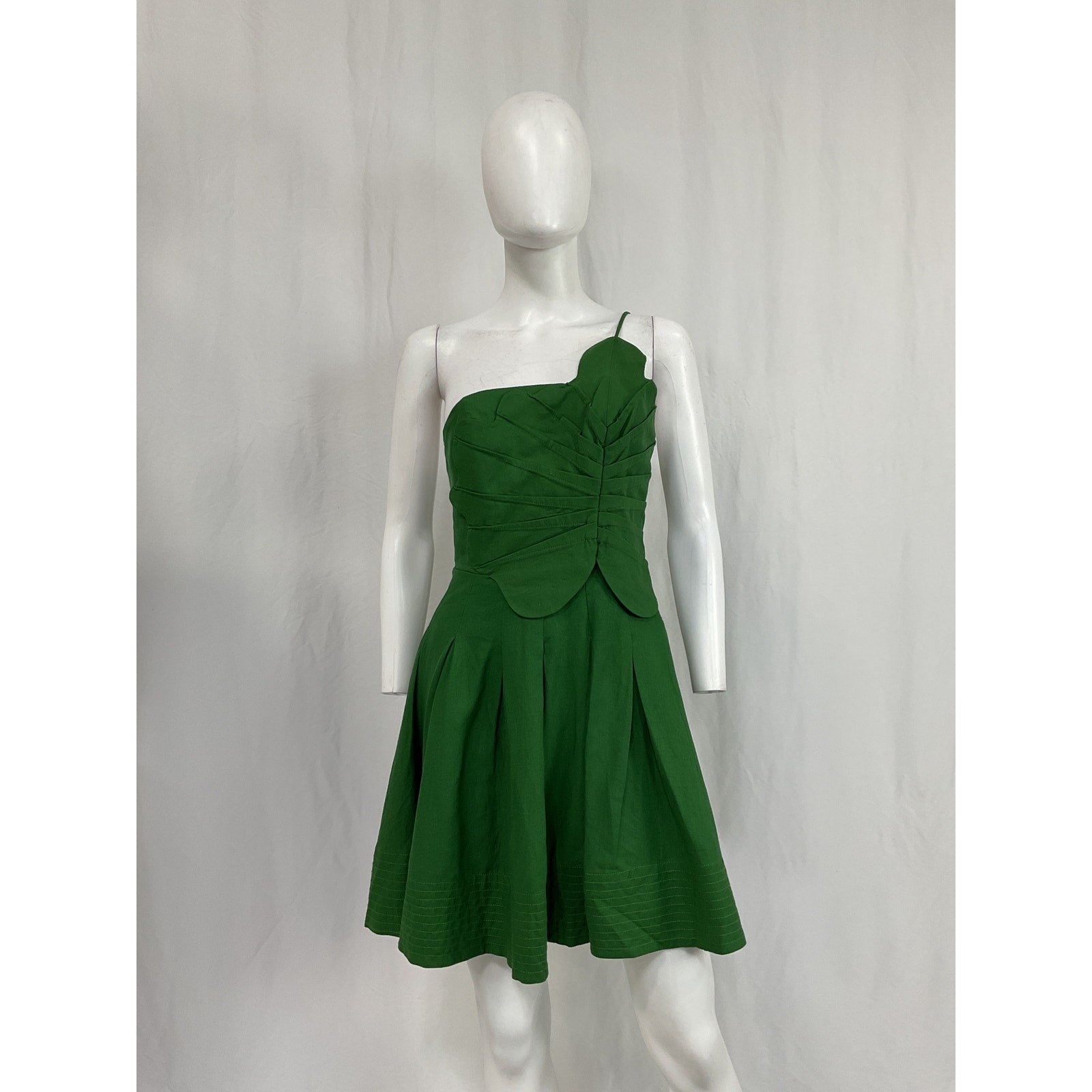Farm Rio 'Lea' Green Linen One-Shoulder Pleated Mini Dress Size XS