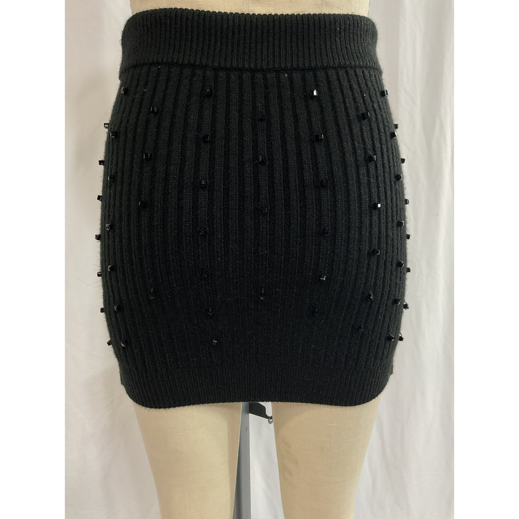 David Koma 'Asymmetric' Black Cryatal Embellished Ribbed-Knit Mini Skirt Size S