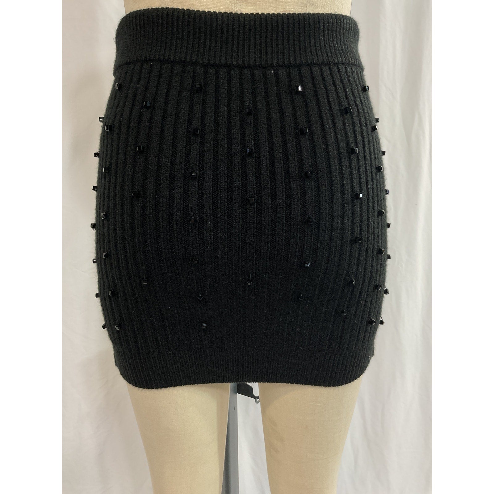 David Koma 'Asymmetric' Black Cryatal Embellished Ribbed-Knit Mini Skirt Size S