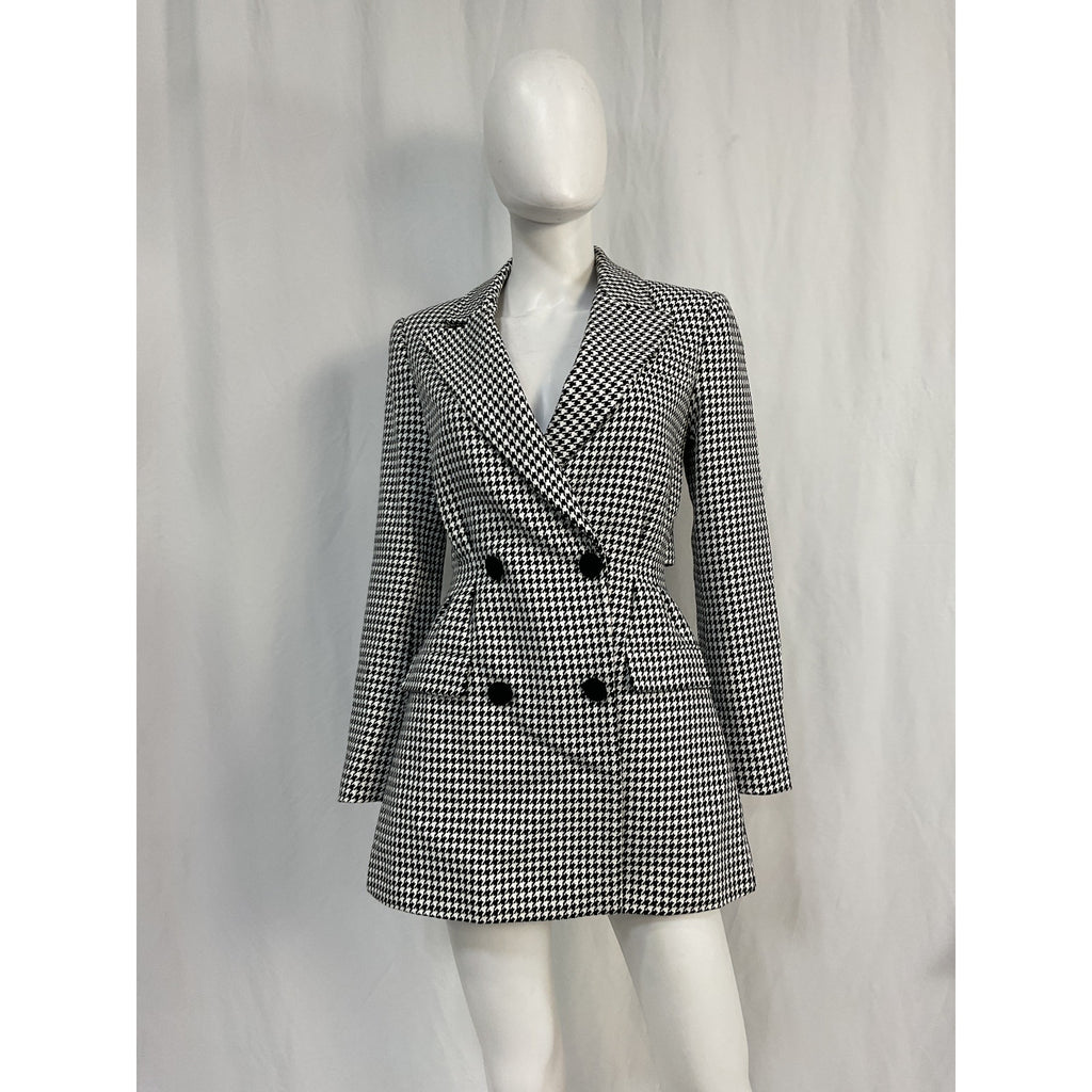 Self-Portrait 'Houndstooth' Black Cotton Double-Breasted Mini Dress Size 4