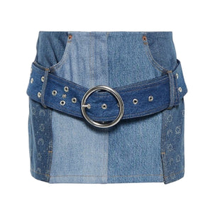 Marine Serre Patchwork Blue Moonogram Belted Denim Skirt Size 40