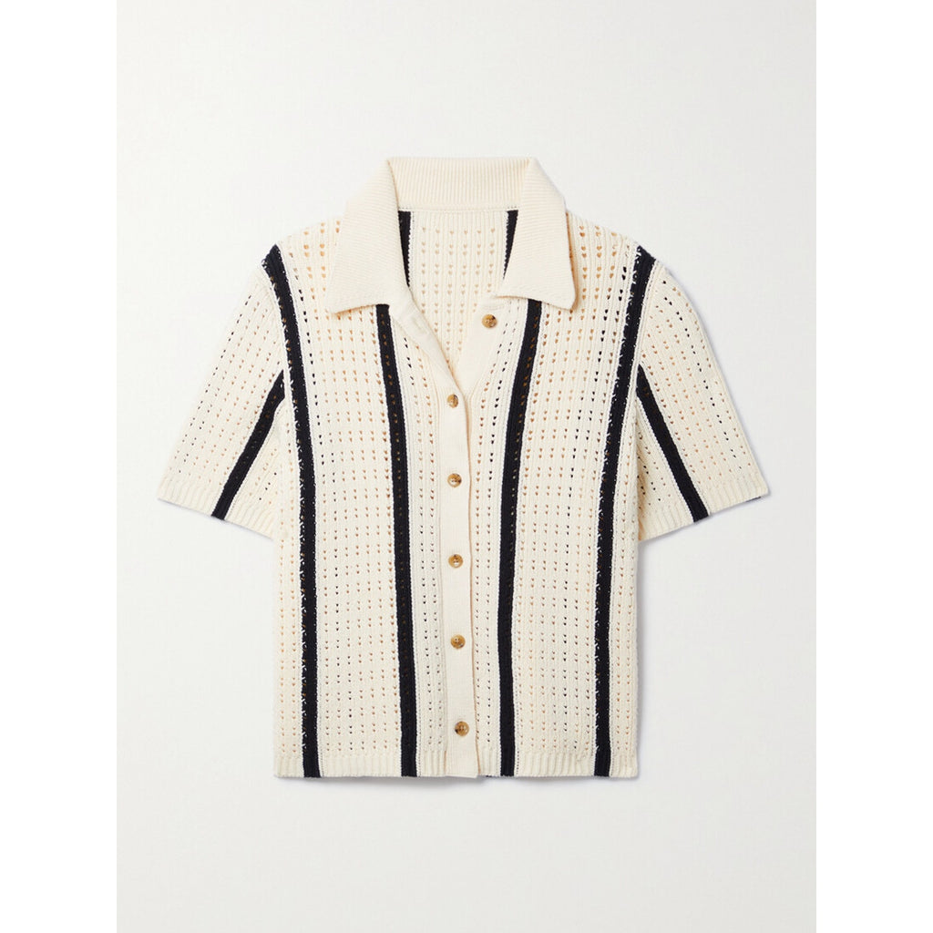 Anine Bing 'Alexis' White Striped Pointelle-Knit Cotton-Blend Top Size L