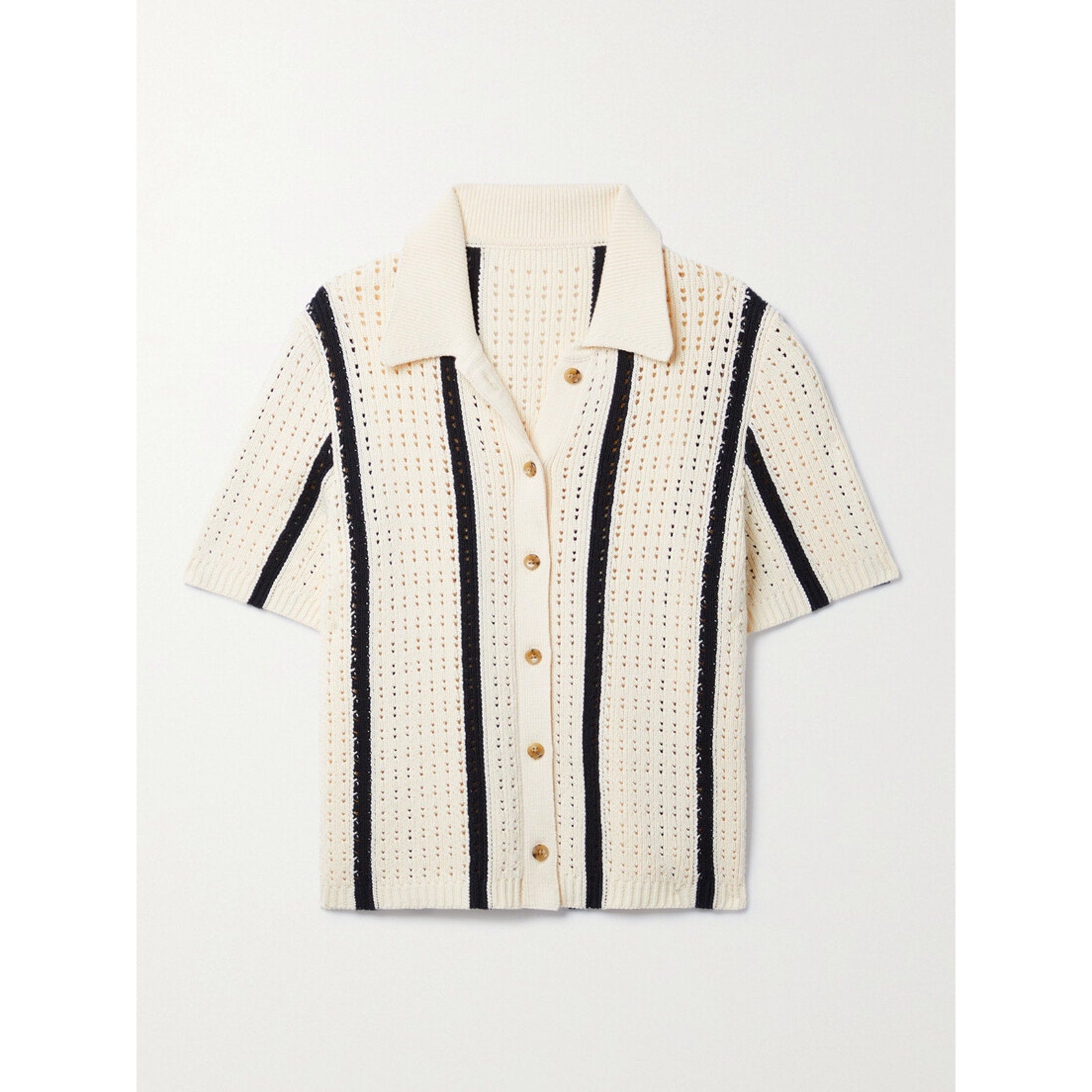 Anine Bing 'Alexis' White Striped Pointelle-Knit Cotton-Blend Top Size L