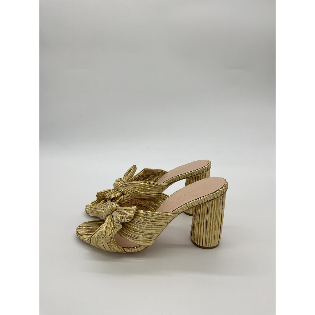 Loeffler Randall 'Penny' Gold Leather High Heel Pleated Knot Slide Sandal Size 8