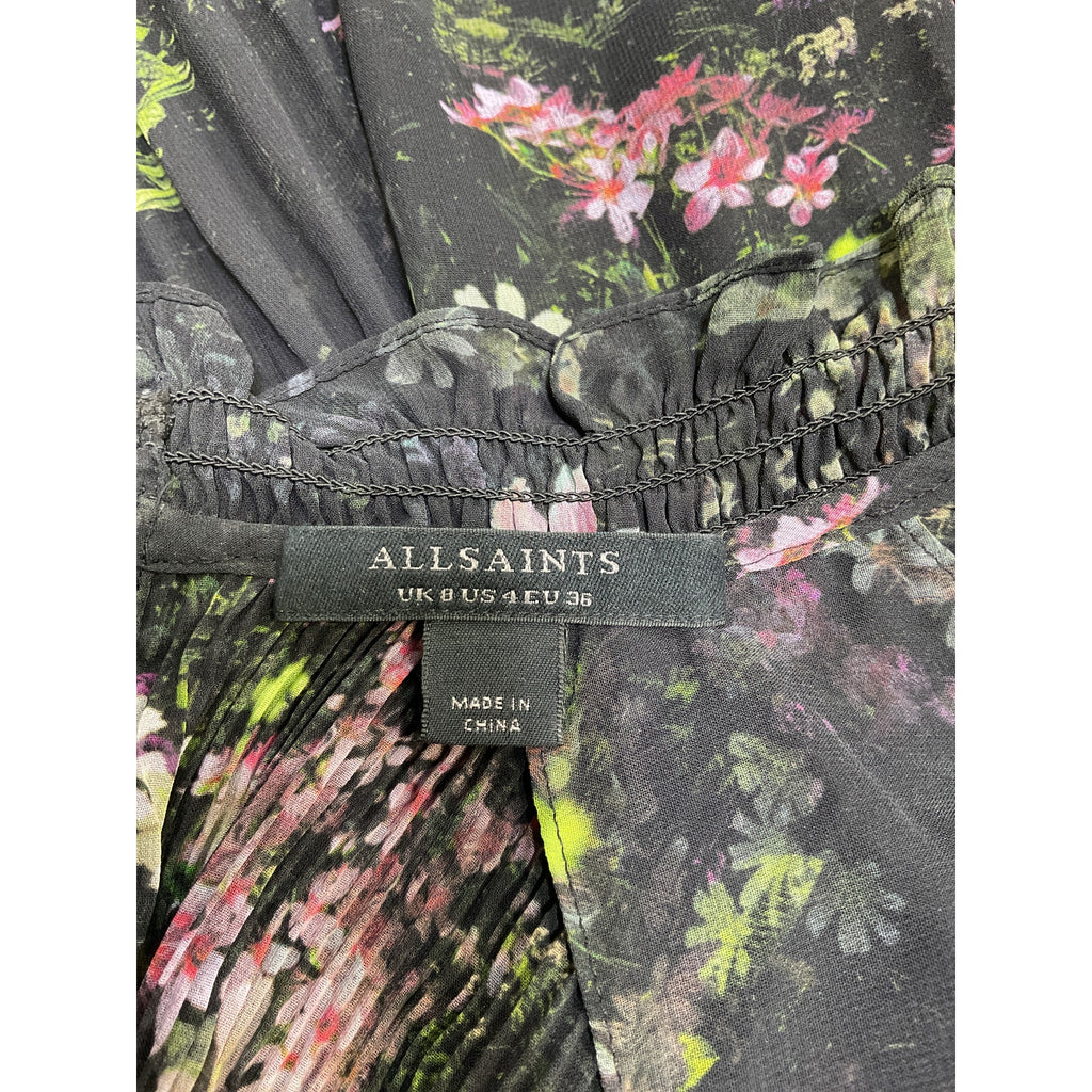 Allsaints 'Cora' Black Polyester Ophelia Pleated Floral Blouse Size 4